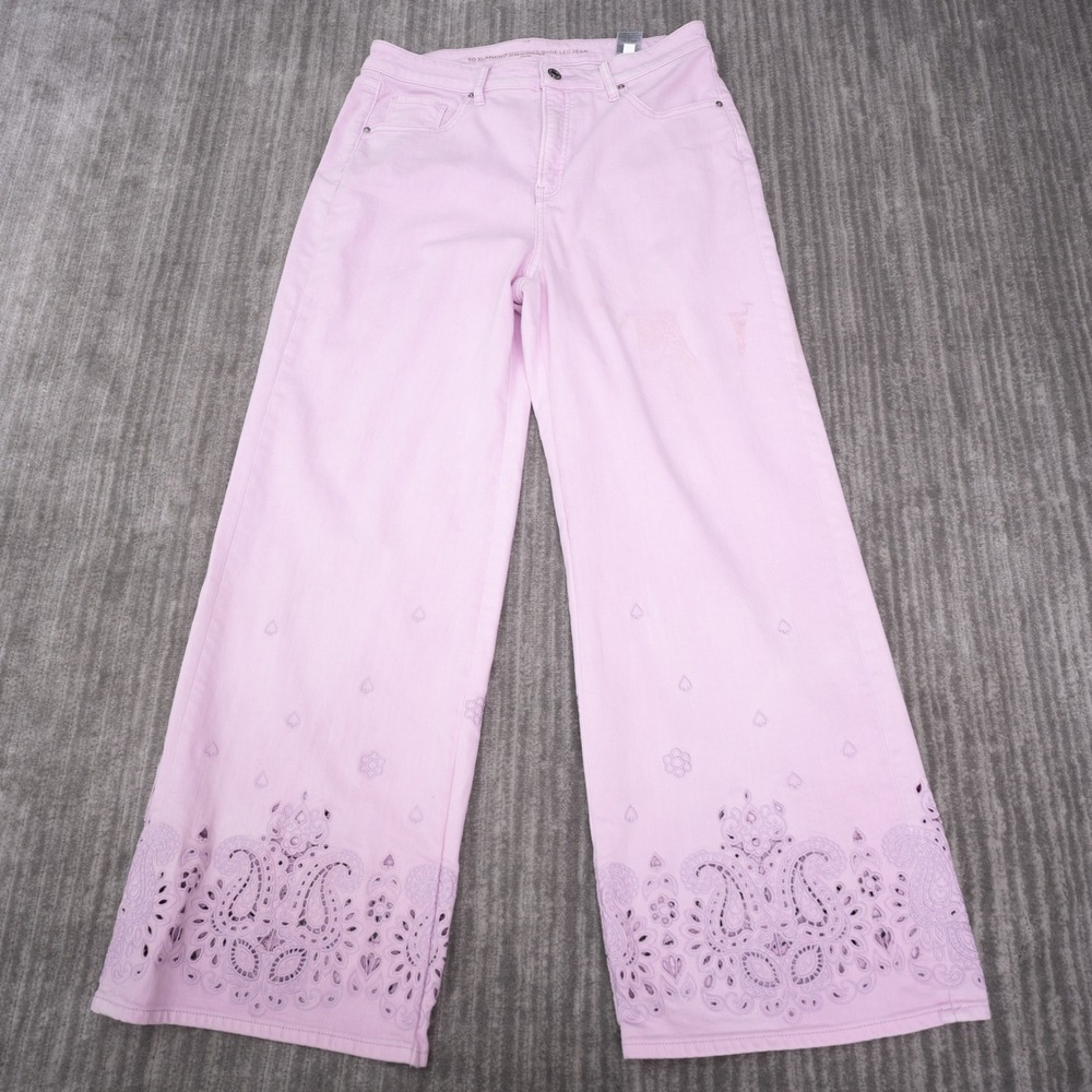 Chicos So Slimming Wide Leg Jeans Womens 12R Pink Stained Eyelet Paisley Hem